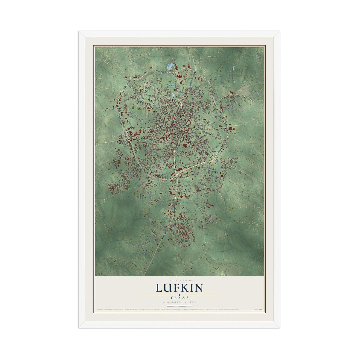 Map of Lufkin, Texas, 12 x 18 inch print in a white wood frame