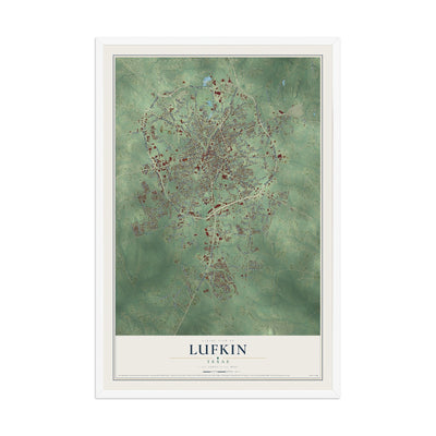 Map of Lufkin, Texas, 12 x 18 inch print in a white wood frame