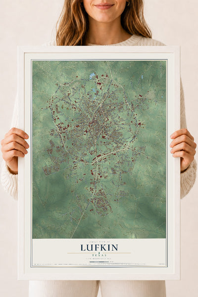 Map of Lufkin, Texas, 18 x 24 inch print in a white wood frame