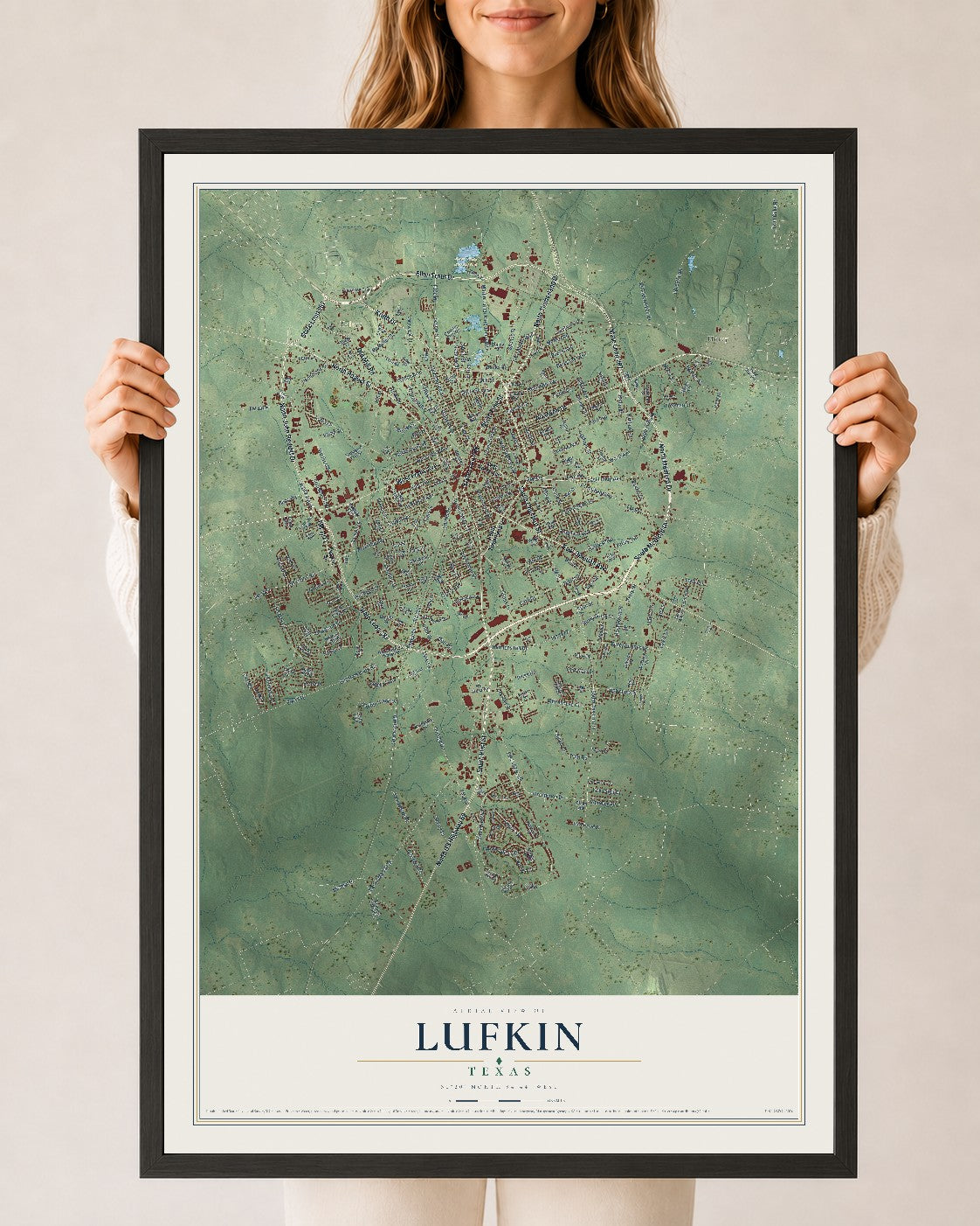 Map of Lufkin, Texas, 24 x 36 inch print in a black wood frame