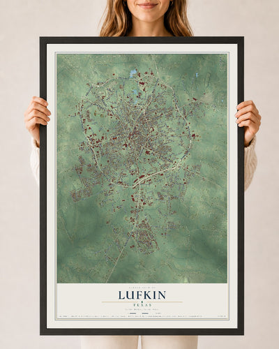Map of Lufkin, Texas, 24 x 36 inch print in a black wood frame