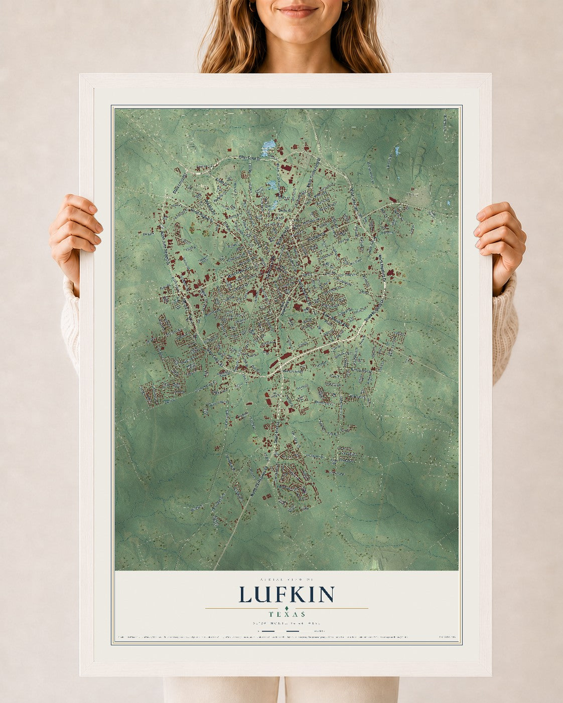 Map of Lufkin, Texas, 24 x 36 inch print in a white wood frame