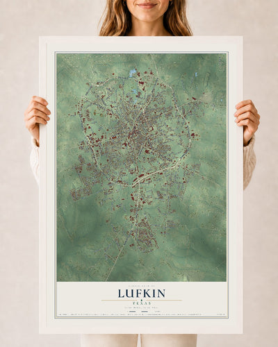 Map of Lufkin, Texas, 24 x 36 inch print in a white wood frame