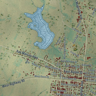 Close-up of the map of Luling, Texas print showing street and building detail