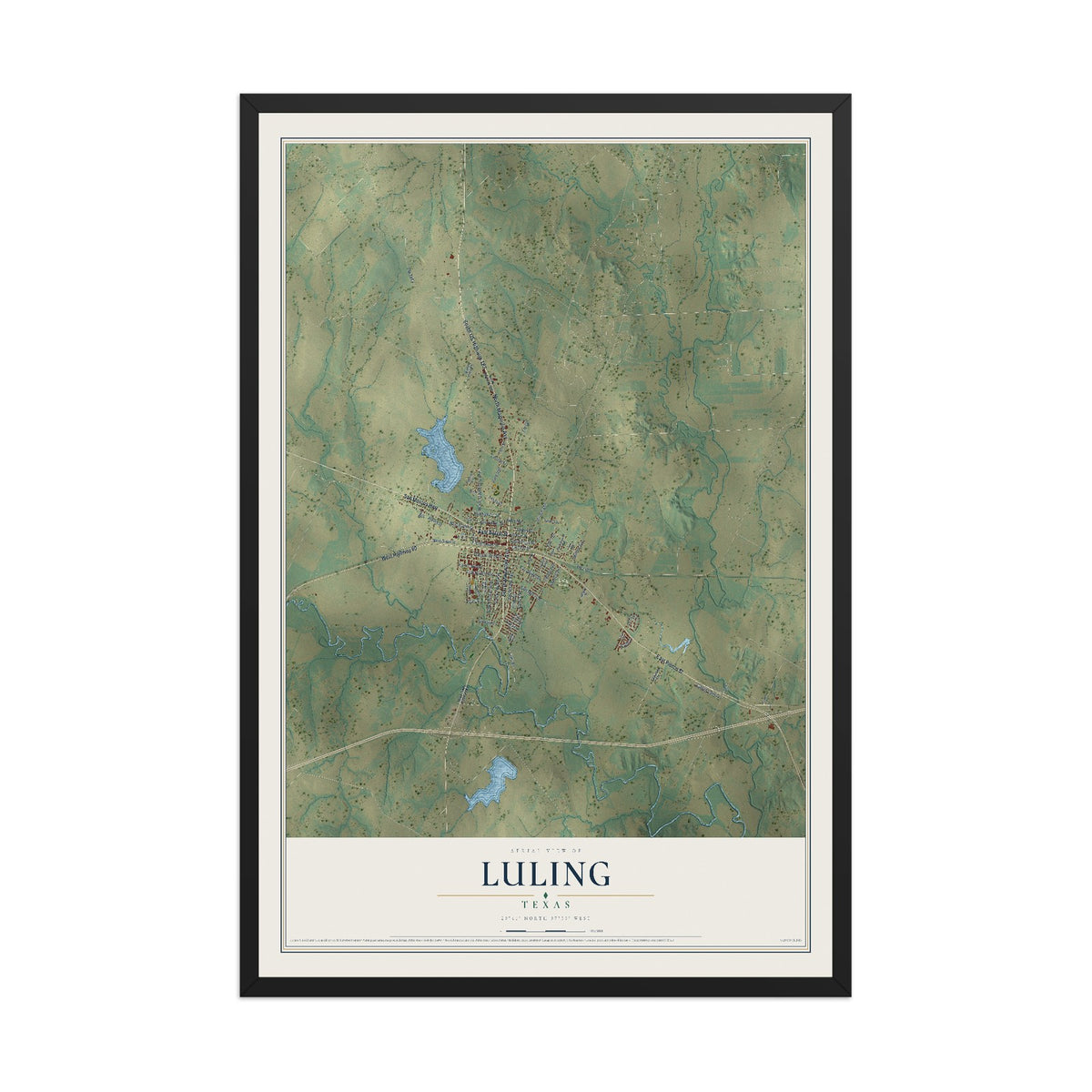 Map of Luling, Texas, 12 x 18 inch print in a black wood frame