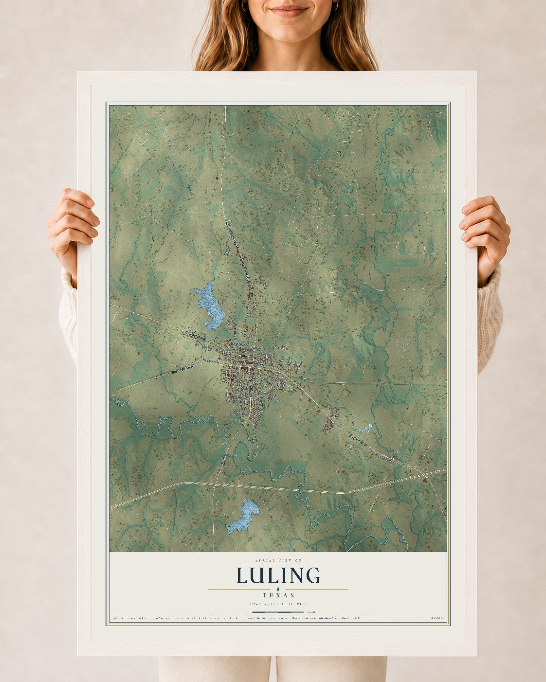 Map of Luling, Texas, 24 x 36 inch print in a white wood frame