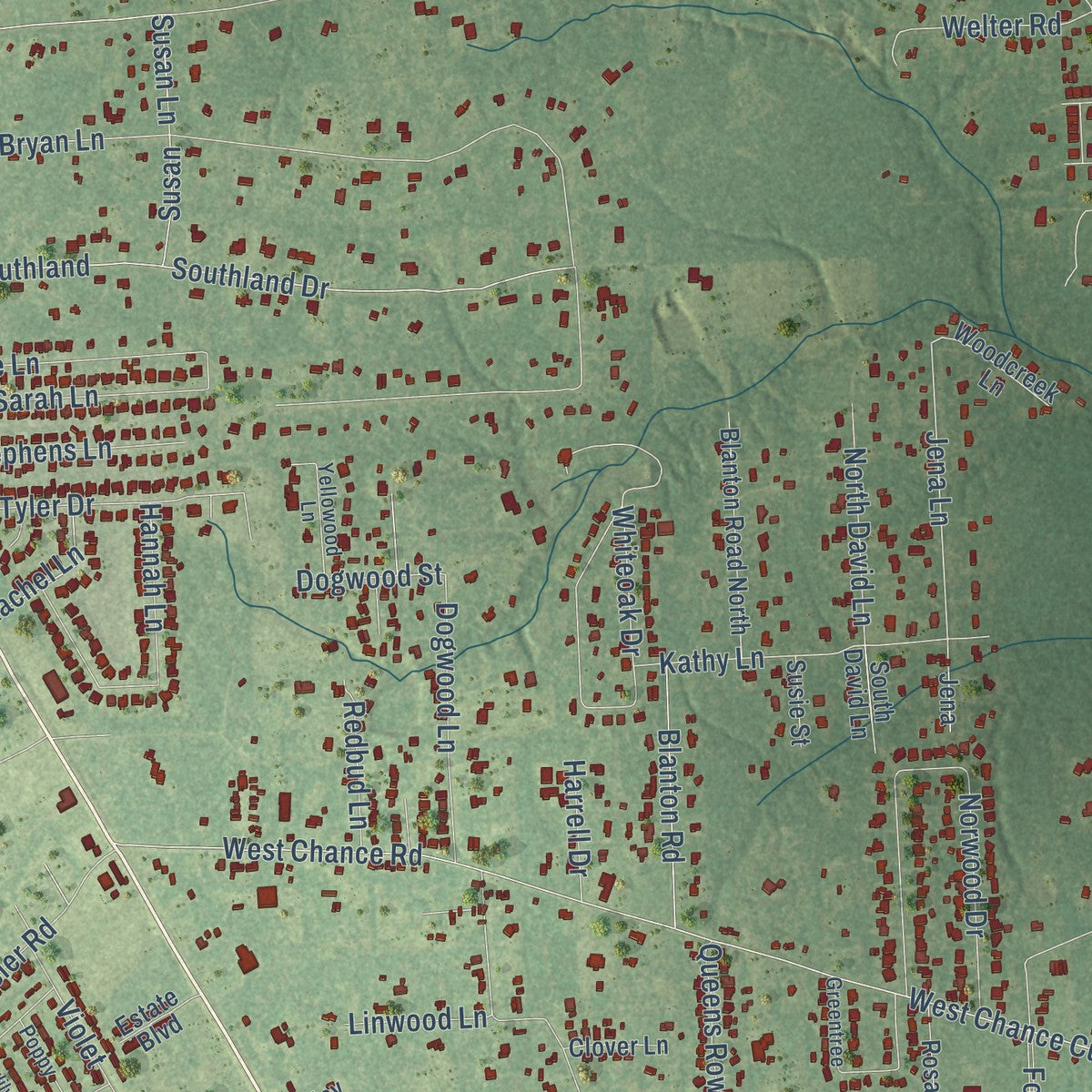 Second close-up of the map of Lumberton, Texas print showing more streets and buildings