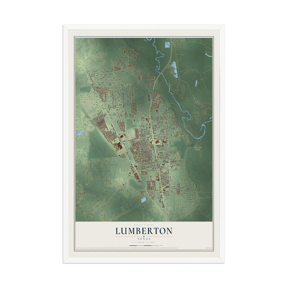Map of Lumberton, Texas, 12 x 18 inch print in a white wood frame