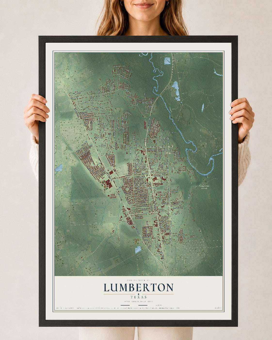 Map of Lumberton, Texas, 24 x 36 inch print in a black wood frame
