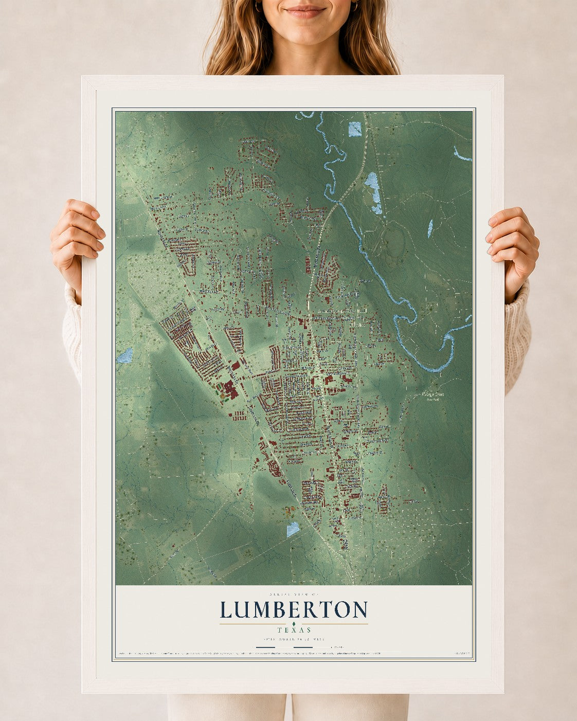 Map of Lumberton, Texas, 24 x 36 inch print in a white wood frame