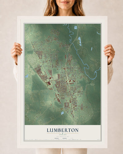 Map of Lumberton, Texas, 24 x 36 inch print in a white wood frame