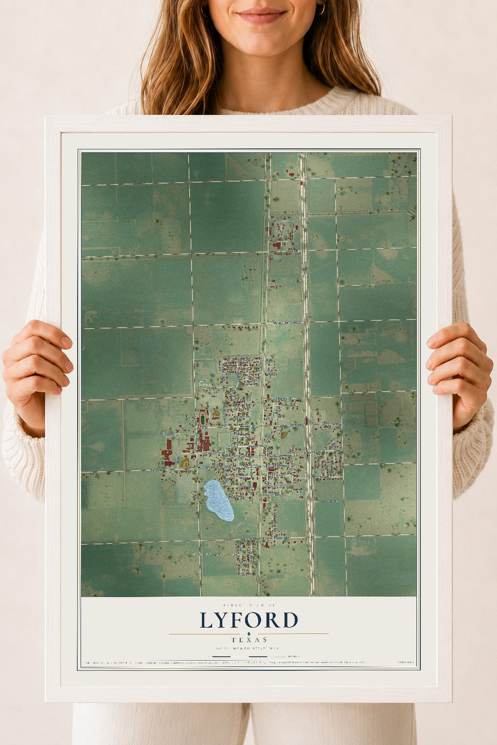 Map of Lyford, Texas, 18 x 24 inch print in a white wood frame