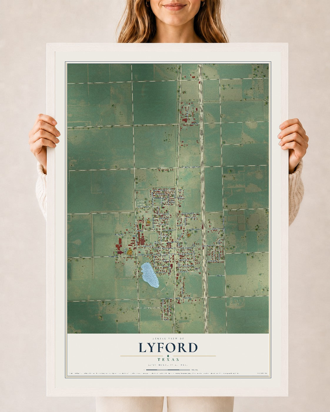 Map of Lyford, Texas, 24 x 36 inch print in a white wood frame