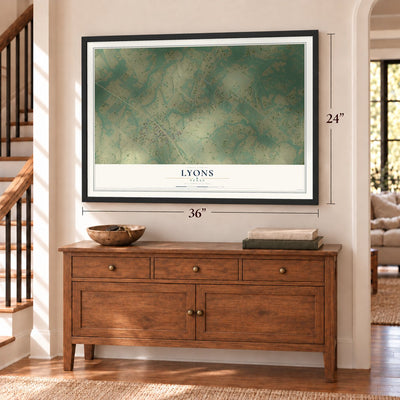 Lyons, Texas map, 24 x 36 inch print in a black frame above a dresser by a staircase