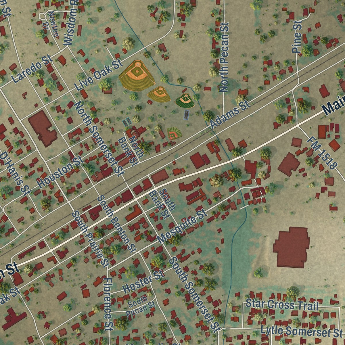 Close-up of the map of Lytle, Texas print showing street and building detail