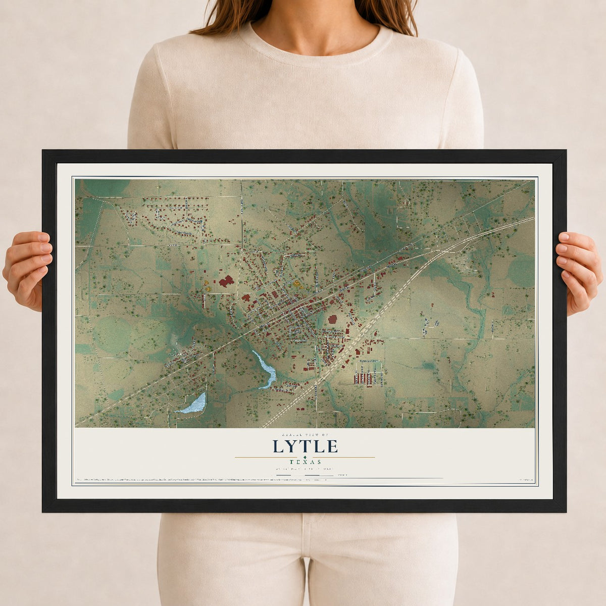 Map of Lytle, Texas, 12 x 18 inch print in a black wood frame