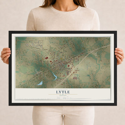 Map of Lytle, Texas, 12 x 18 inch print in a black wood frame
