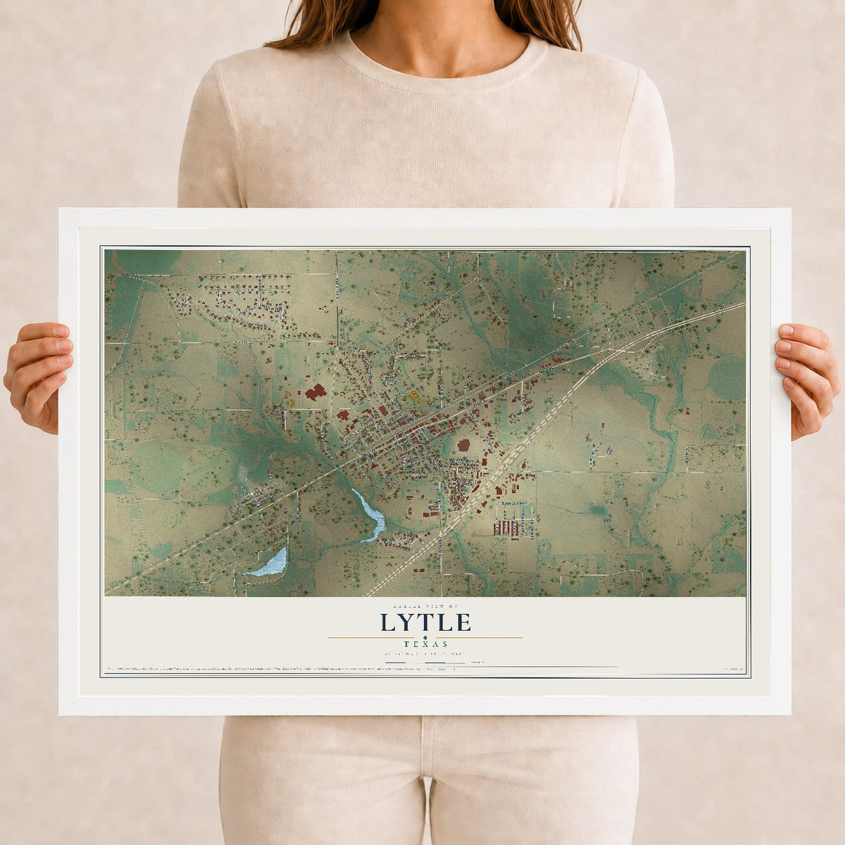 Map of Lytle, Texas, 12 x 18 inch print in a white wood frame