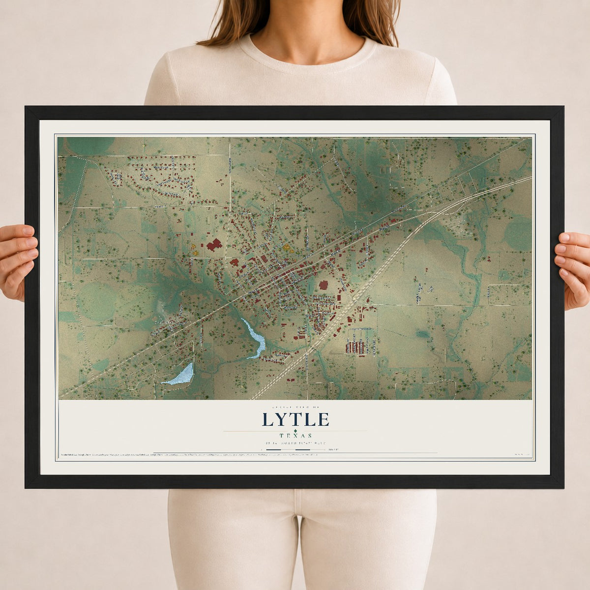 Map of Lytle, Texas, 18 x 24 inch print in a black wood frame