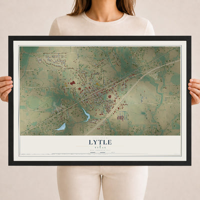 Map of Lytle, Texas, 18 x 24 inch print in a black wood frame