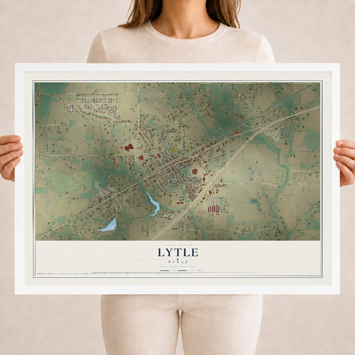 Map of Lytle, Texas, 18 x 24 inch print in a white wood frame