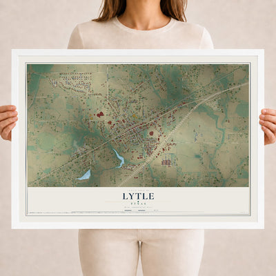 Map of Lytle, Texas, 18 x 24 inch print in a white wood frame