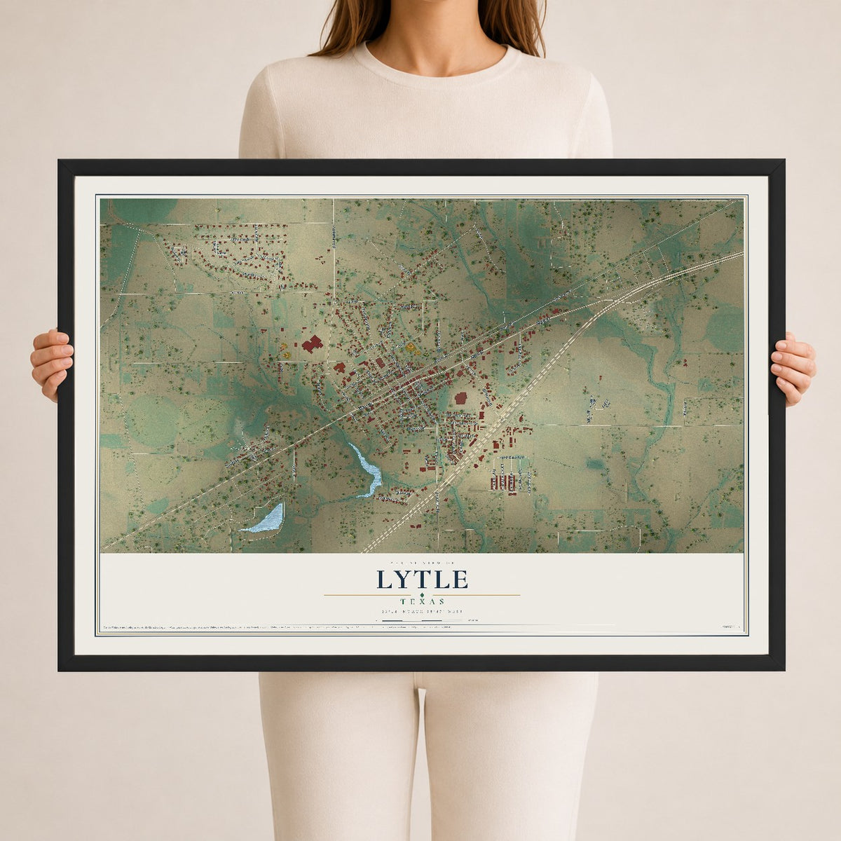 Map of Lytle, Texas, 24 x 36 inch print in a black wood frame
