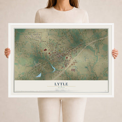 Map of Lytle, Texas, 24 x 36 inch print in a white wood frame