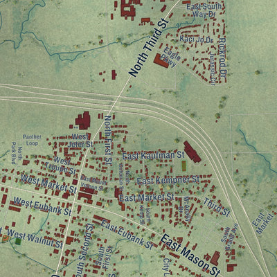 Close-up of the map of Mabank, Texas print showing street and building detail