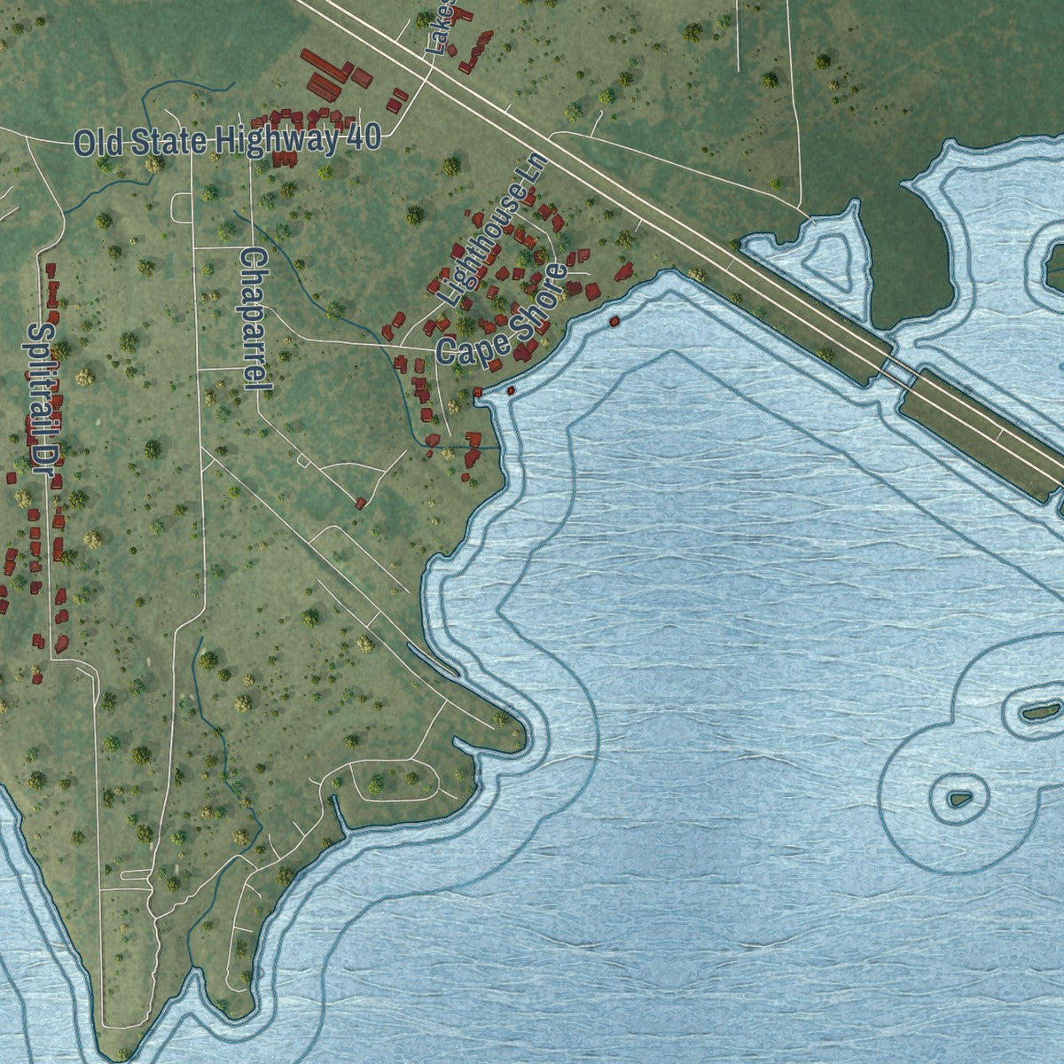 Second close-up of the map of Mabank, Texas print showing more streets and buildings