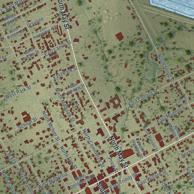 Close-up of the map of Madisonville, Texas print showing street and building detail