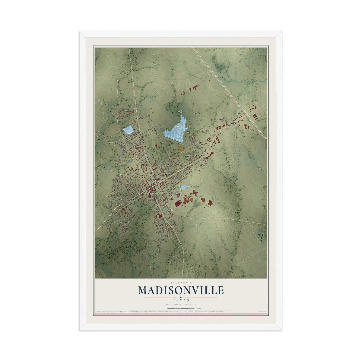Map of Madisonville, Texas, 12 x 18 inch print in a white wood frame