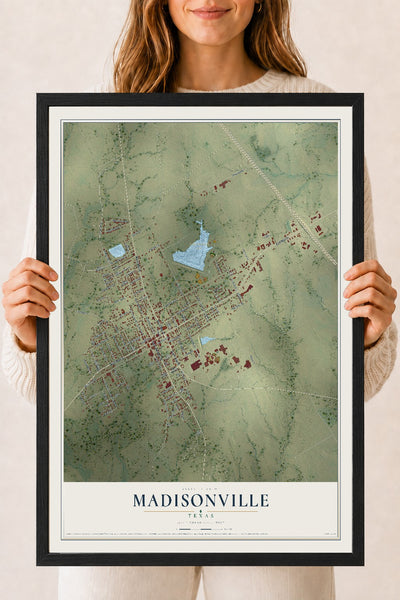 Map of Madisonville, Texas, 18 x 24 inch print in a black wood frame