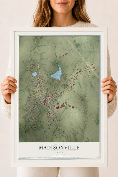 Map of Madisonville, Texas, 18 x 24 inch print in a white wood frame