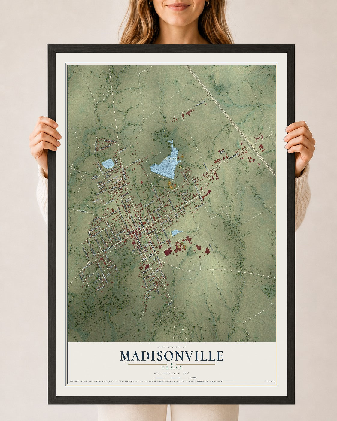 Map of Madisonville, Texas, 24 x 36 inch print in a black wood frame