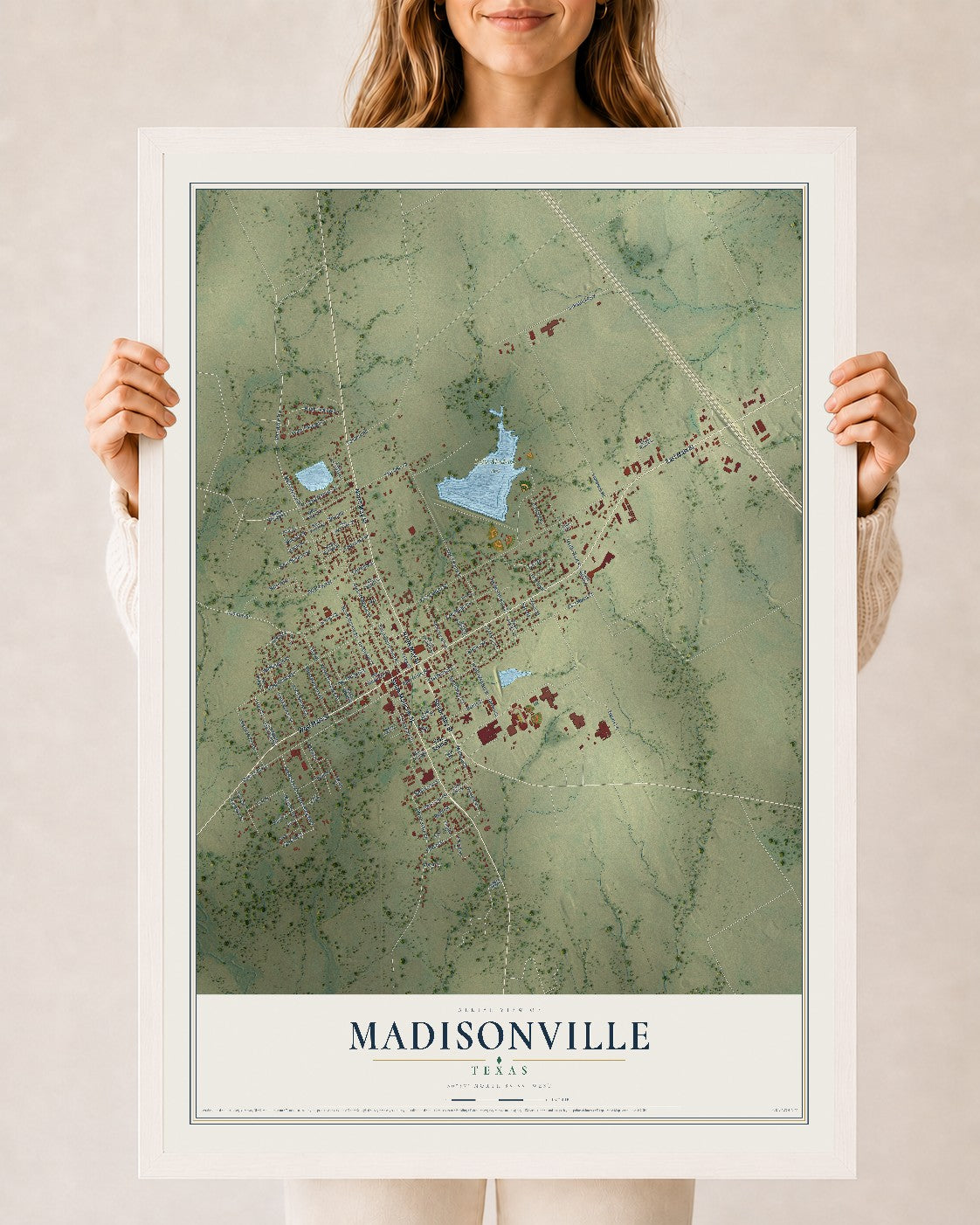 Map of Madisonville, Texas, 24 x 36 inch print in a white wood frame