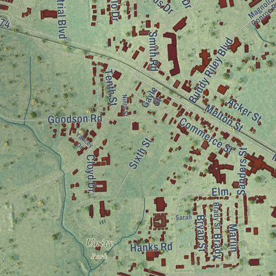 Close-up of the map of Magnolia, Texas print showing street and building detail