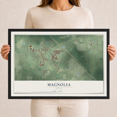 Map of Magnolia, Texas, 12 x 18 inch print in a black wood frame