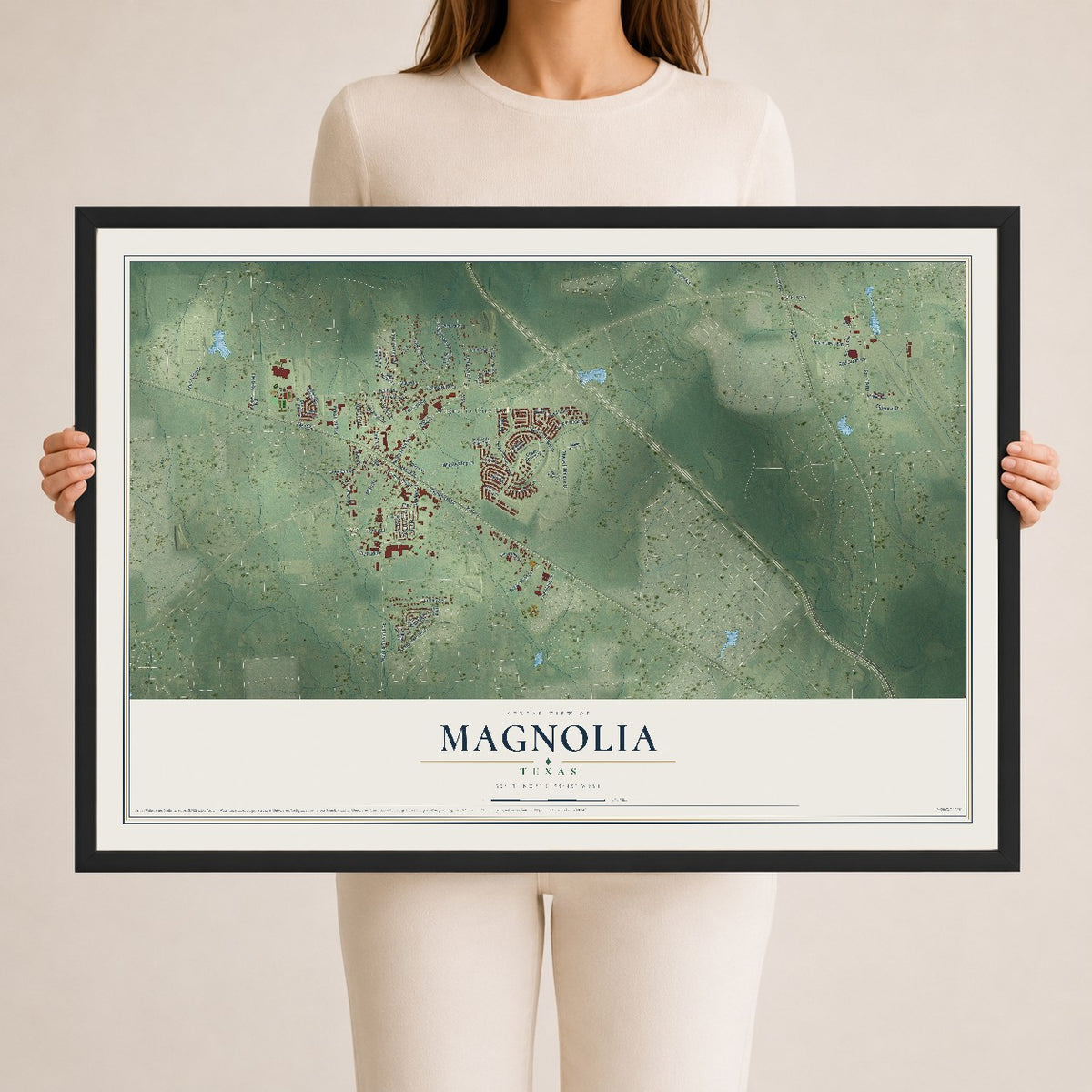 Map of Magnolia, Texas, 24 x 36 inch print in a black wood frame