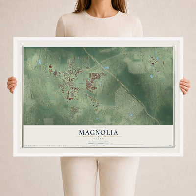 Map of Magnolia, Texas, 24 x 36 inch print in a white wood frame