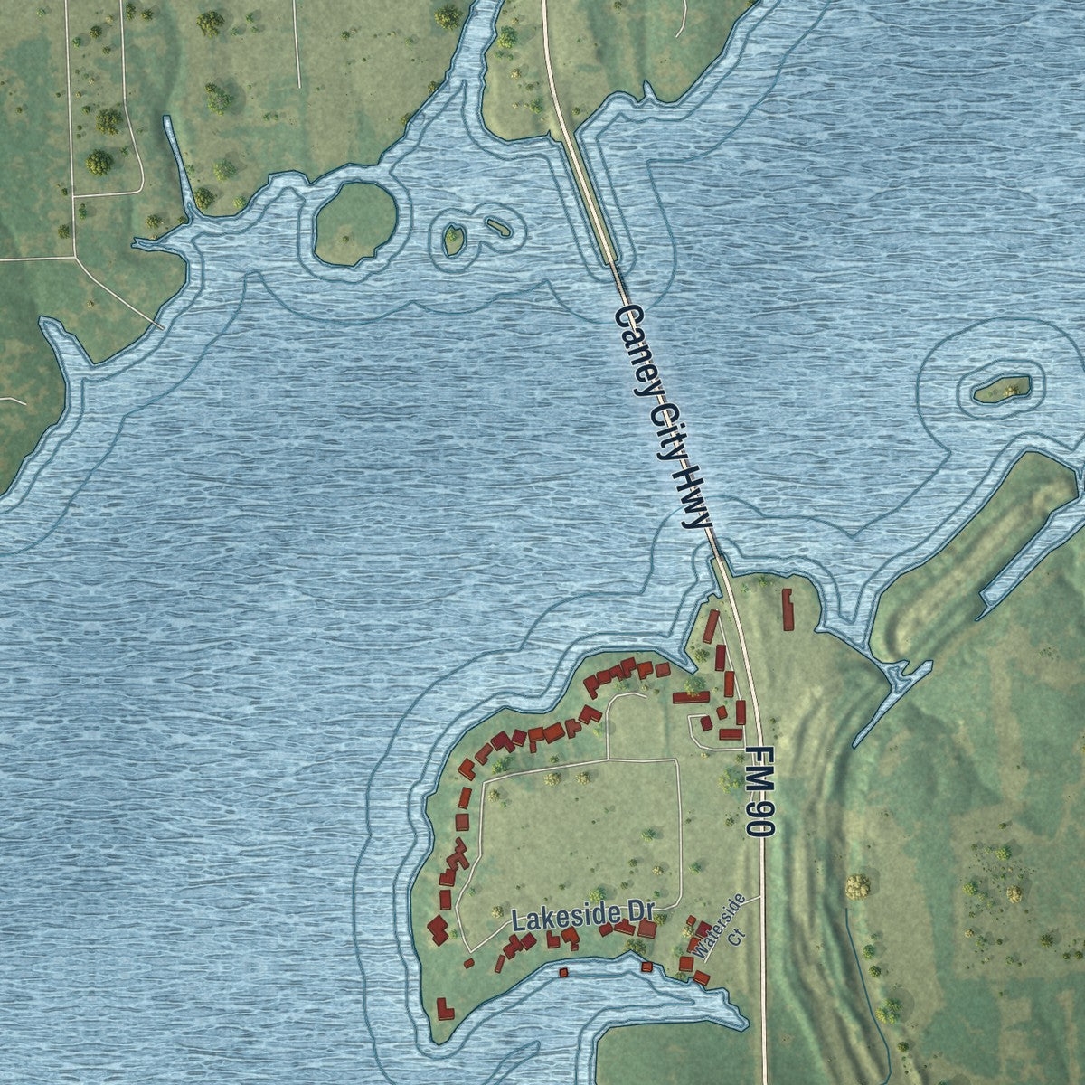 Close-up of the map of Malakoff, Texas print showing street and building detail
