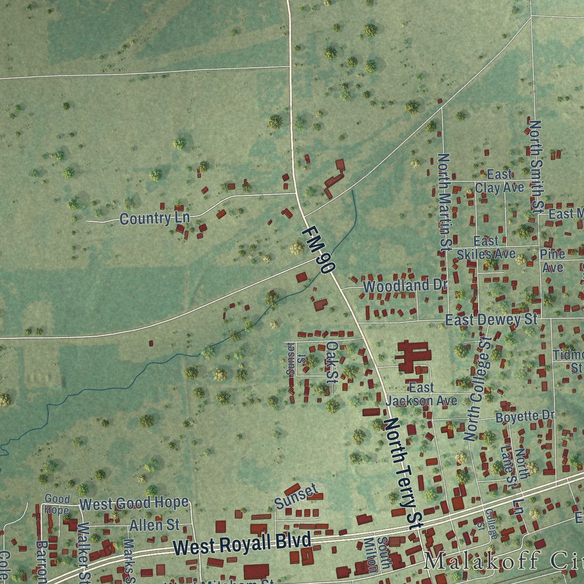 Second close-up of the map of Malakoff, Texas print showing more streets and buildings