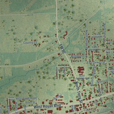 Second close-up of the map of Malakoff, Texas print showing more streets and buildings