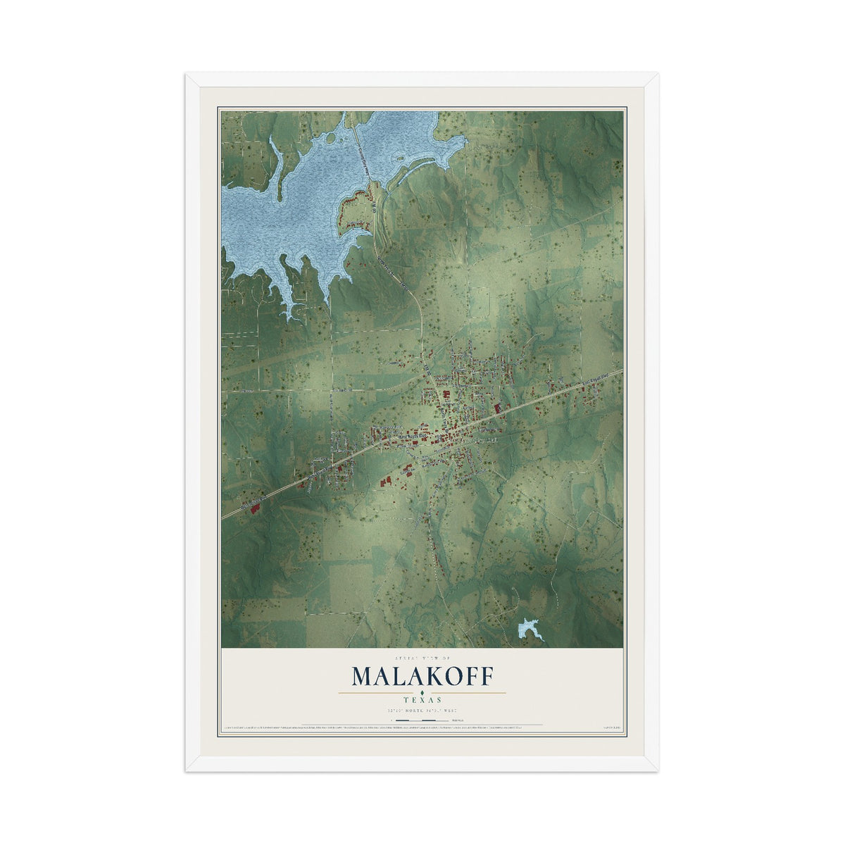 Map of Malakoff, Texas, 12 x 18 inch print in a white wood frame
