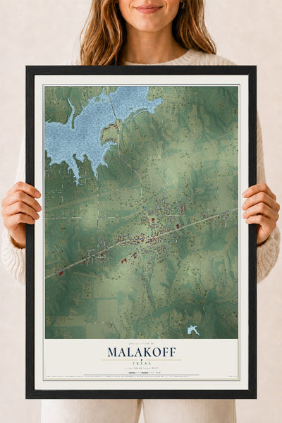 Map of Malakoff, Texas, 18 x 24 inch print in a black wood frame