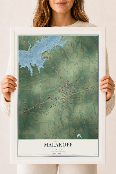 Map of Malakoff, Texas, 18 x 24 inch print in a white wood frame