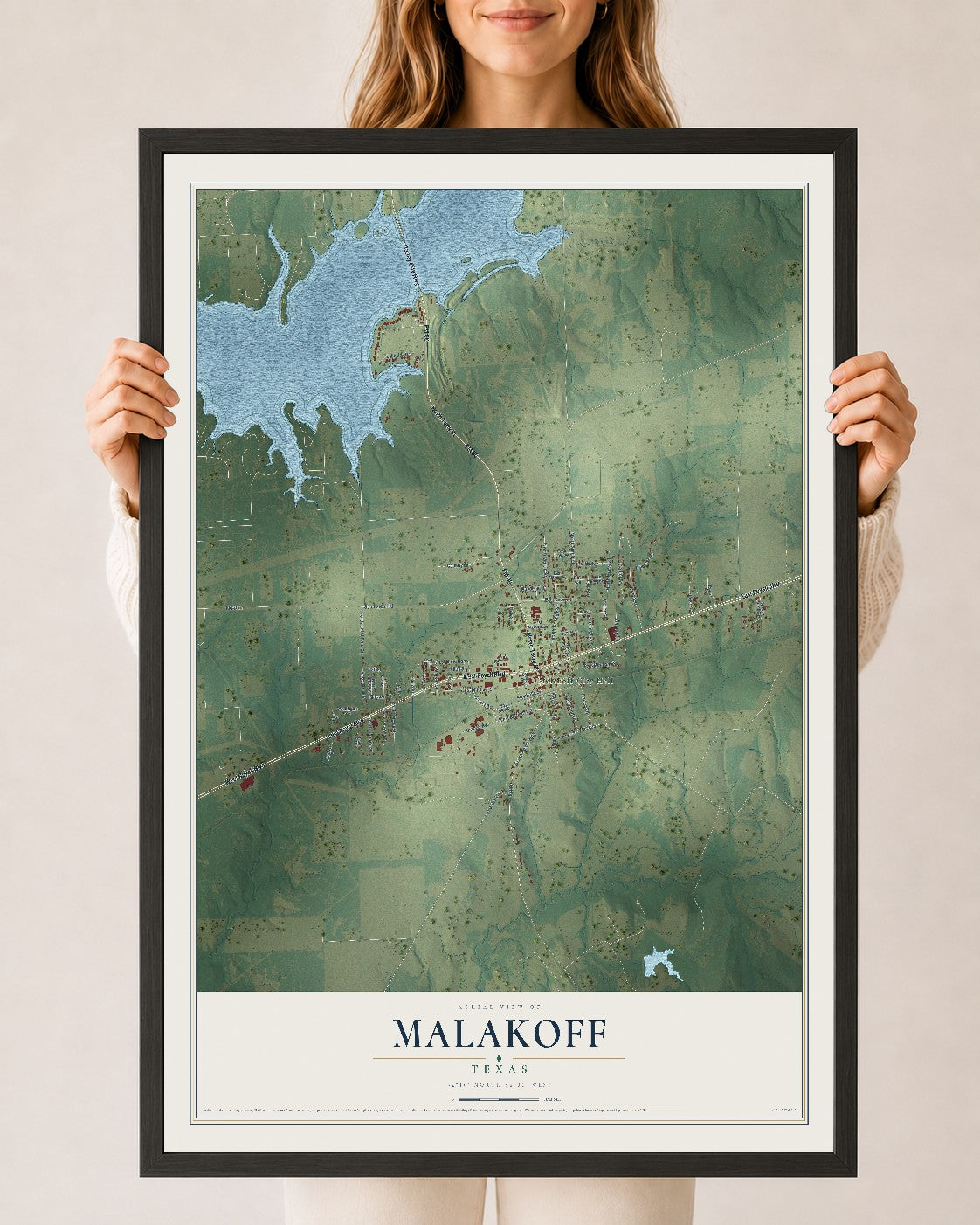 Map of Malakoff, Texas, 24 x 36 inch print in a black wood frame