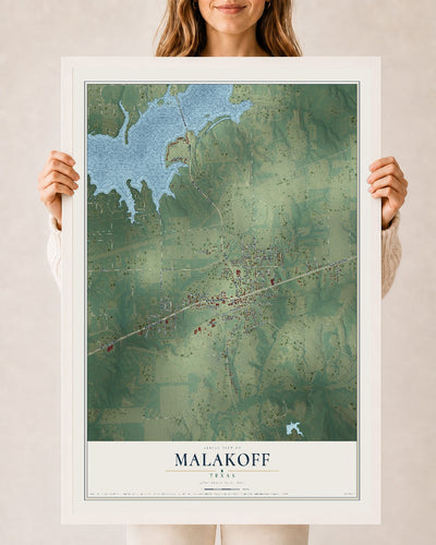Map of Malakoff, Texas, 24 x 36 inch print in a white wood frame