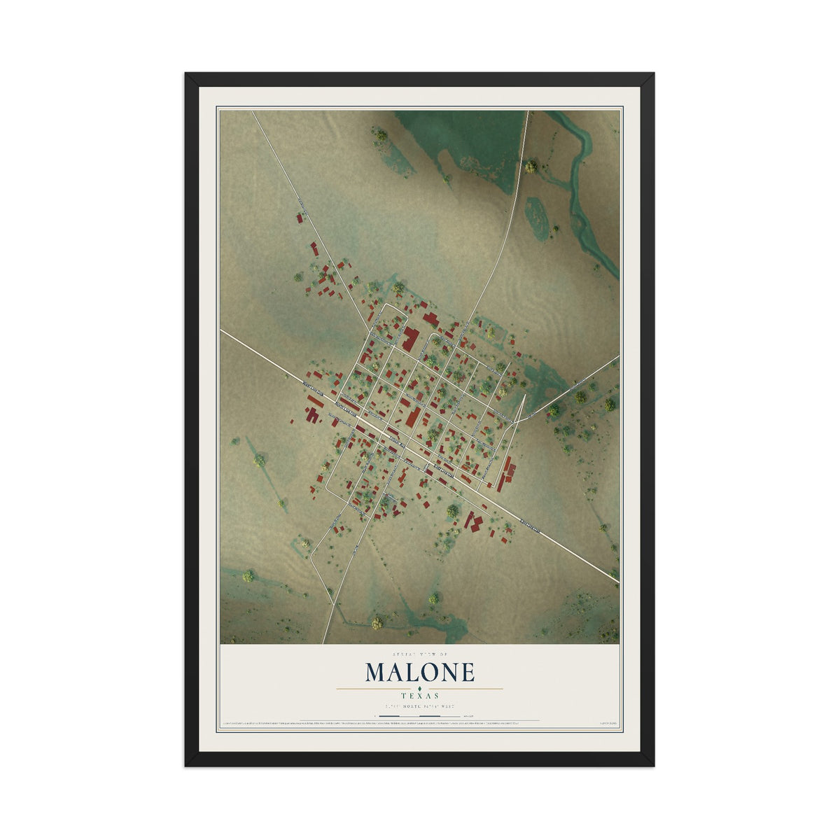 Map of Malone, Texas, 12 x 18 inch print in a black wood frame