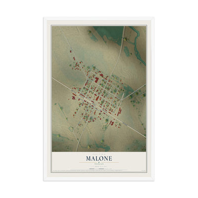 Map of Malone, Texas, 12 x 18 inch print in a white wood frame